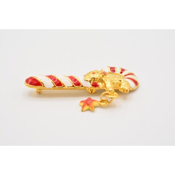 Vintage Christmas Candy Cane Pin Brooch Red White Enamel Gold Teddy Bear Bin7 - Picture 5 of 12